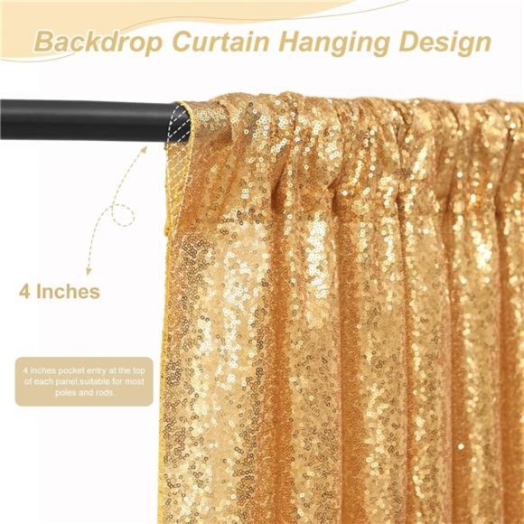 GoldSequin Backdrop CurtainPanels Stage 2Pieces 2FTx8FT Wedding Party Background - Picture 5 of 6